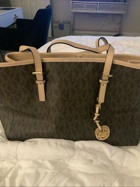 Michael Kors Dark Brown Monogram Tote with Gold Charm